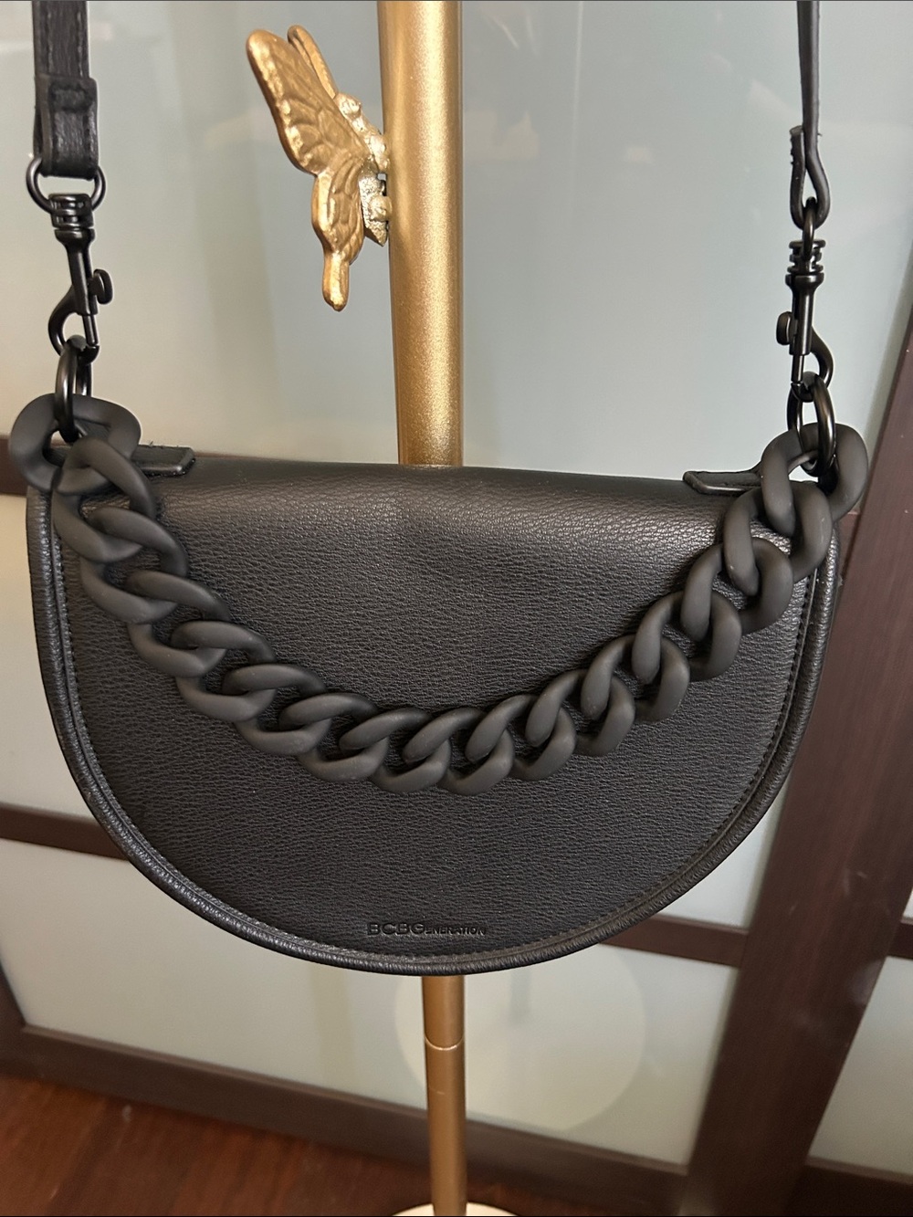BCBG Matte Black Half Moon Crossbody with Chunky Chain